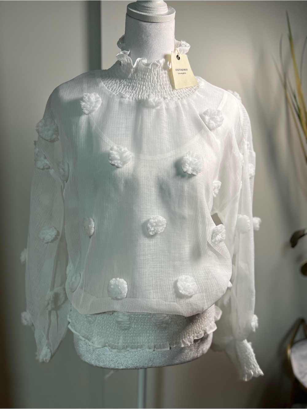 Women's White Pom-Pom Smocked Blouse